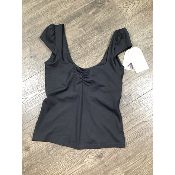 Blogilates Sweetheart Baby Tee Cap Sleeve Ruched Front Open Back Jet Black S - Picture 1 of 7
